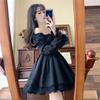 Yeni Siyah Balon Uzun Kol Gothic Lolita Dantel Detaylı Elbise