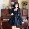 Yeni Siyah Balon Uzun Kol Gothic Lolita Dantel Detaylı Elbise