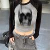 Yeni Siyah Raglan Kollu Blur Skull Gri Melanj Uzun Kollu Crop